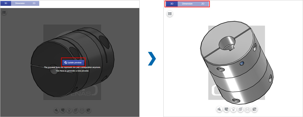 仕様詳細を選択後に製品プレビューボタンをクリックすると、図面ダウンロード前に形状（2D/3D/寸法）をご確認いただけます。